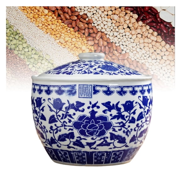Chinese Retro Ceramic Rice Bucket, Rice Cylinder with Lid, Rice Storage Container,Food Storage Container Dry Food Grain Dispenser for Kitchen Household