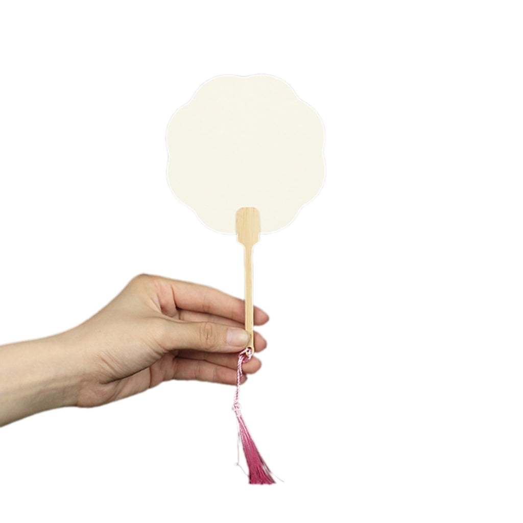 Chinese Rice Paper Fan with Tassels Wood Handle Graffitis Handheld Fan