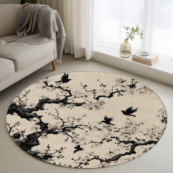 Chinese Round Area Rug 3Ft Washable Small Circle Rugs for Kitchen Entryway, Black White Tree Flowers Traditional Ink Painting Non-Slip Carpet Floor Mats Indoor Outdoor Carpet Runner Home Decor