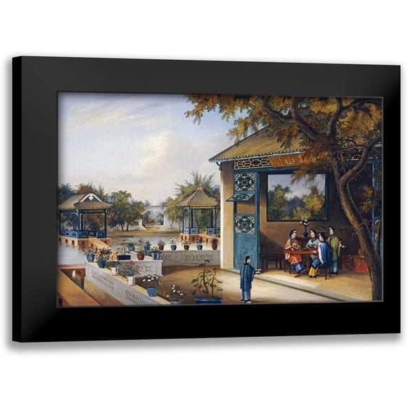 Chinese School 18x13 Black Modern Framed Museum Art Print Titled - Chinese Ladies Playing Mahjong In The Pavilion of a House