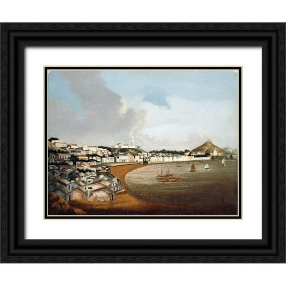 Chinese School 24x19 Black Ornate Wood Framed with Double Matting Museum Art Print Titled - View of The Praya Grande, Macao