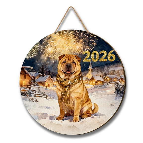 Chinese Shar-Pei Happy New Year 2026 with Fireworks on New Year's Eve Round Wood Sign Dog Lover Hanging Wall Home Decor - 12022