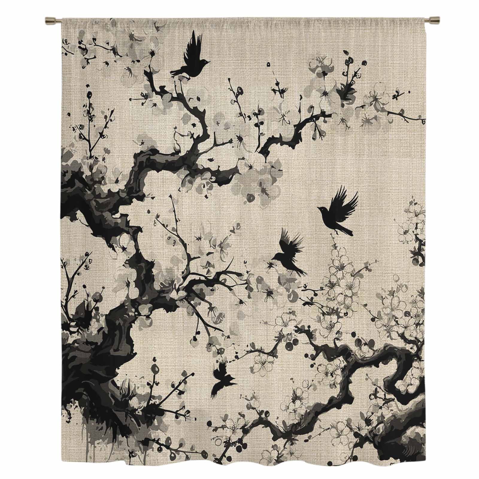 Chinese Sheer Curtains 108" Extra Long, Black White Tree Flowers ...