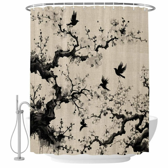 Chinese Shower Curtain, Waterproof Shower Curtains for Bathroom, Black White Tree Flowers Traditional Ink Painting Washable Fabric Bathtub Curtain Set Bath Decor with 12 Hooks Stall 36"x72"