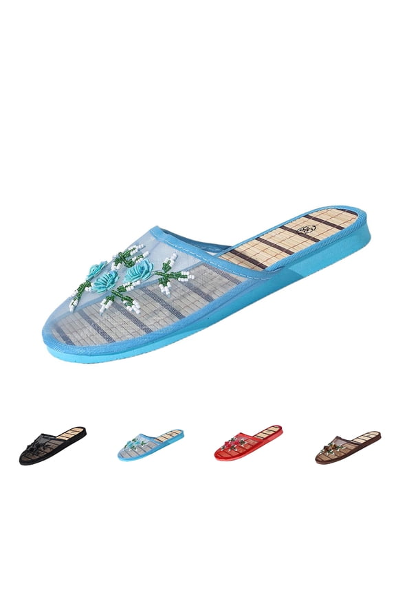 Chinese Slippers for Women, Breathable Floral Beaded Mesh Slippers with Bamboo Insole, Lightweight Mesh Mules, Embellished House Shoes for Indoor, 36