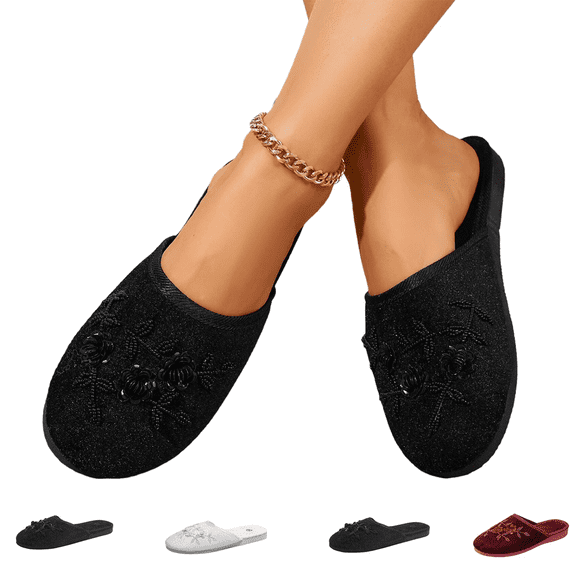 Chinese Slippers for Women Velvet Embroidered Closed Toe House Shoes Indoor Outdoor Non Slip Sole All Seasons Flat Comfortable Mule Slippers Black 37