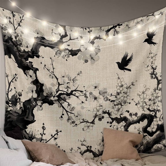 Chinese Small Tapestry for Bedroom Wall Hanging Tapestry,Black White Tree Flowers Traditional Ink Painting Ceiling Backdrop Tapestries Poster Blanket Wall Decor for Teens Room Living Room 23" x 28"