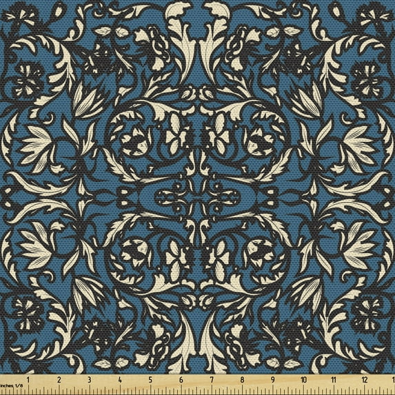 Ambesonne Chinese Fabric by the Yard Upholstery, Oriental Antique Scroll, 2 Yards, Petrol Blue and Cream