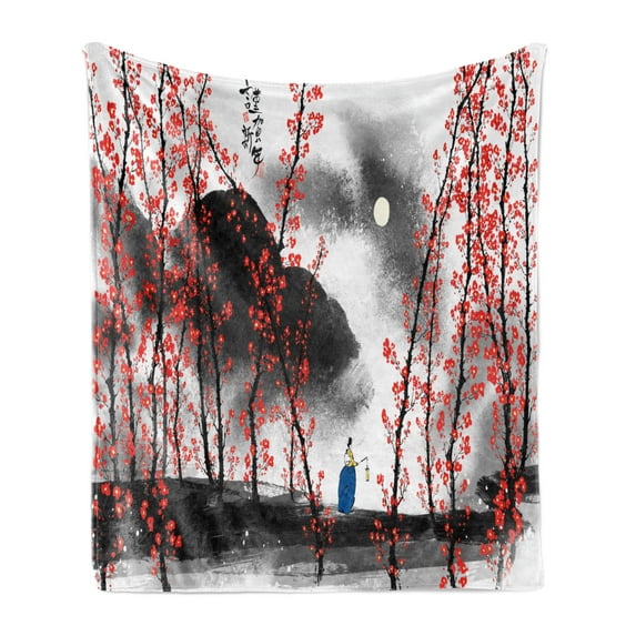 Chinese Soft Flannel Fleece Throw Blanket, Mystic Cloudy Nighttime Illustration, Cozy Plush for Indoor and Outdoor Use, 70" x 90", Vermilion Dark Grey, by Ambesonne