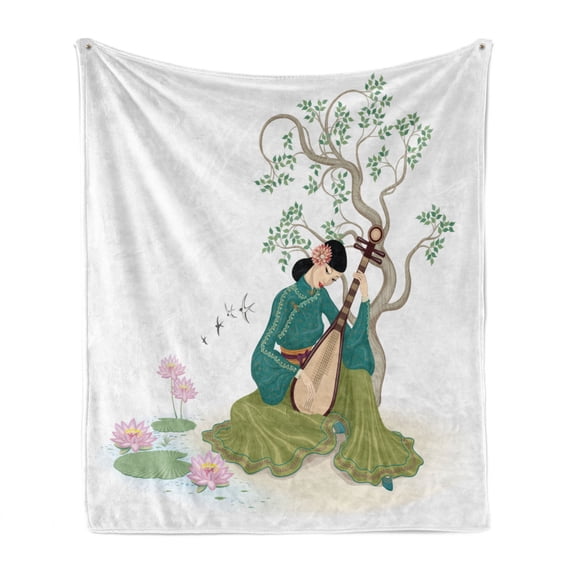Chinese Soft Flannel Fleece Throw Blanket, Young Woman Sitting near a Tree and Playing Traditional Musical Instrument, Cozy Plush for Indoor and Outdoor Use, 50" x 70", Multicolor, by Ambesonne