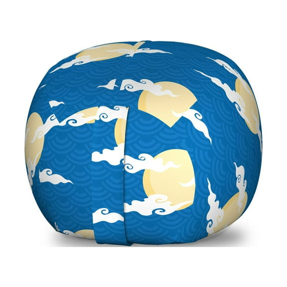 Chinese Storage Toy Bag Chair, Illustration of Moon and Cloud on Chinese Wave Circle Background, Stuffed Animal Organizer Washable Bag, Large Size, Blue Cream and White, by Ambesonne