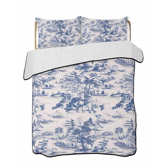 Chinese Style 3 Piece Quilt Bedding Set with 2 Pillow Shams, Blue Garden Plant Mountain River Boat Lightweight Bedspread Coverlet, Soft Breathable All Season Quilt, 96 x 106 Inch