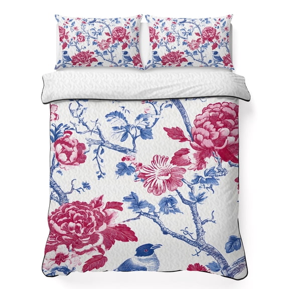 Chinese Style 3 Piece Quilt Bedding Set with 2 Pillow Shams, Watercolor Tree Branch With Flowers Blue Bird Lightweight Bedspread Coverlet, Soft Breathable All Season Quilt, 68 x 86 Inch