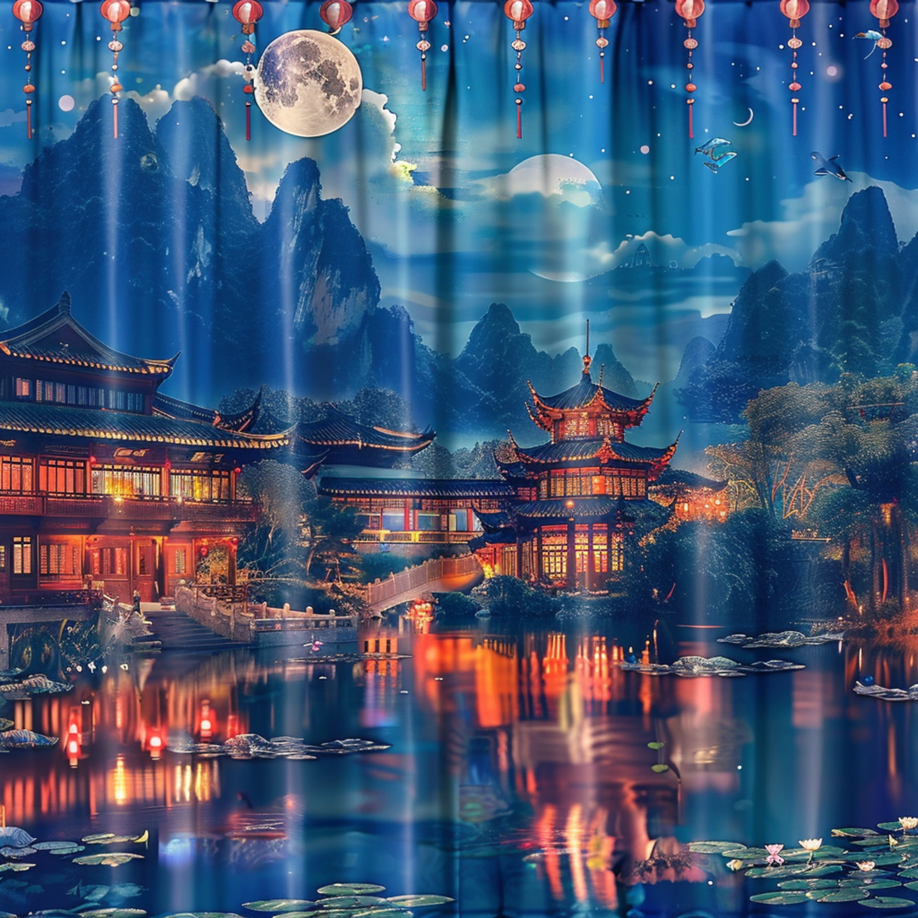 Chinese Style Ancient Architecture Night Scene Shower Curtain Full Moon ...