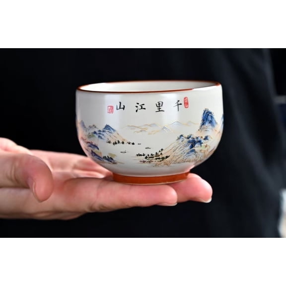 Chinese Style Antique Song Ru Kiln Thousand Li of Rivers and Mountains Ceramic Tea Cups Set of 5, 130ml/4.4oz, Light Luxury Coffee Cups Water Cups for Home and Gifting
