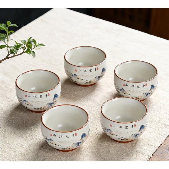 Chinese Style Antique Song Ru Kiln Thousand Li of Rivers and Mountains Ceramic Tea Cups Set of 5, 130ml/4.4oz, Light Luxury Coffee Cups Water Cups for Home and Gifting