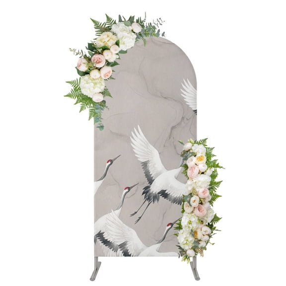 Chinese Style Arch Backdrop Cover 4FT, Country Retro White Swan Birds Watercolor Spandex Fitted Stretchy Arch Stand Covers, Round Top Chiara Backdrop Cover for Wedding Party Birthday Baby Shower