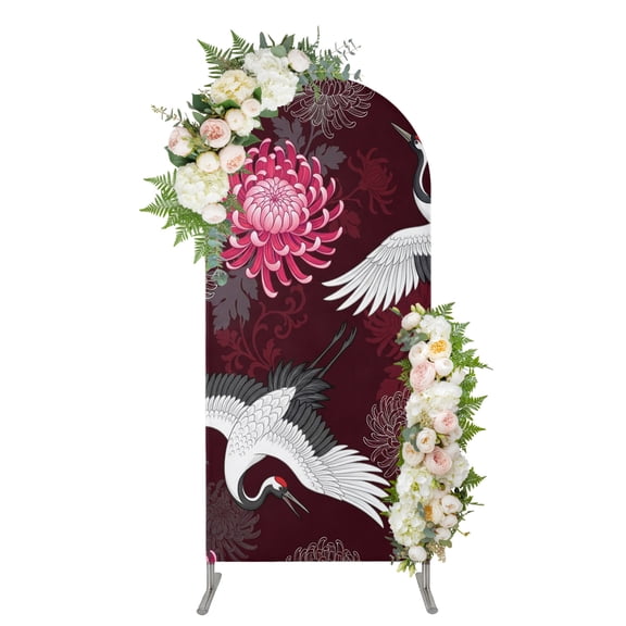 Chinese Style Arch Backdrop Cover 4FT, Rustic Swan Birds Botanical Flowers Spandex Fitted Stretchy Arch Stand Covers, Round Top Chiara Backdrop Cover for Wedding Party Birthday Baby Shower