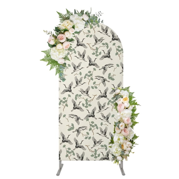 Chinese Style Arch Backdrop Cover 5FT, Farmhouse Swan Birds Plant Branches Spandex Fitted Stretchy Arch Stand Covers, Round Top Chiara Backdrop Cover for Wedding Party Birthday Baby Shower