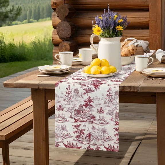 Chinese Style Asian Scenic Garden Table Runner 13x36in Non-Slip Cotton Linen Table Runners, Chinoiserie Retro Landscape Dresser Scarves TableRunner for Dinner Kitchen Dining Wedding Party
