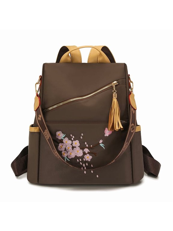 Chinese Style Backpack Purse 12.99" Nylon Tote Shoulder Bag for Travel Shopping (Brown)