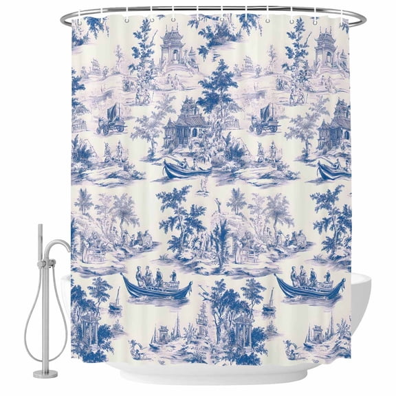 Chinese Style Bathroom Shower Curtains with Hooks, Blue Garden Plant River Boat Waterproof Fabric Washable Shower Curtain for Home Hotel Bathtub Decor 60x72 Inch