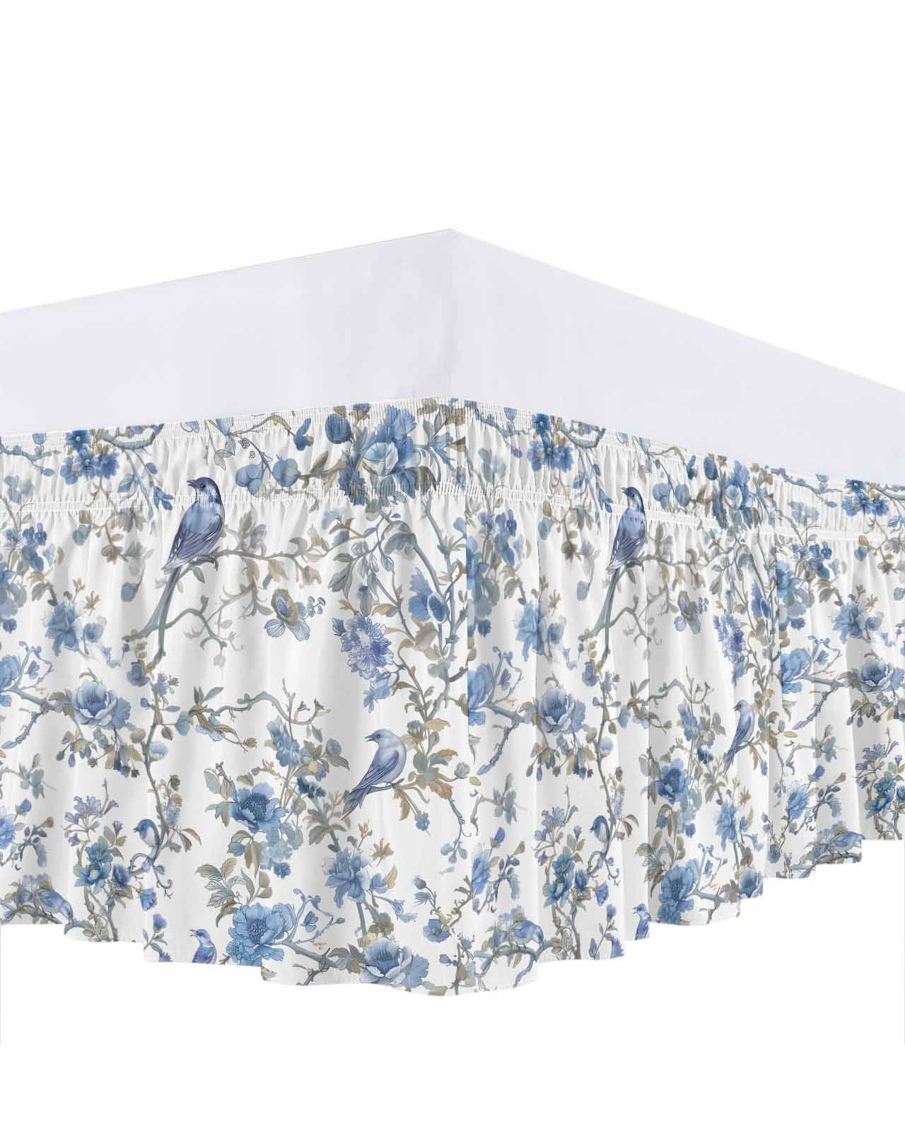Chinese Style Bed Skirt California King Size 18 Inch Drop, Blue Flowers and Birds Figure Adjustable Elastic Dust Ruffles Bedskirt Wrap Around Pleated Mattress Frame Cover