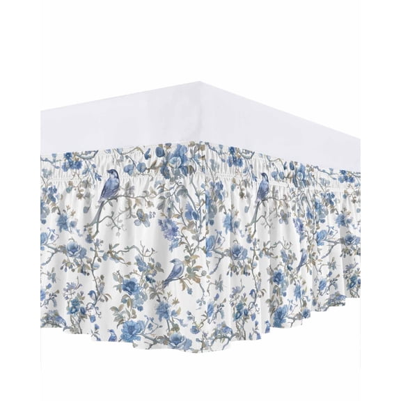 Chinese Style Bed Skirt California King Size 18 Inch Drop, Blue Flowers and Birds Figure Adjustable Elastic Dust Ruffles Bedskirt Wrap Around Pleated Mattress Frame Cover