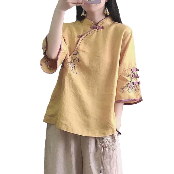 Chinese-Style Blouses for Women Frog Button Embroidery Shirts Dressy Casual Ruffle 3/4 Length Sleeve Tops V Neck Contrast Traditional Mandarin Blouse Top Trendy Summer Shirts