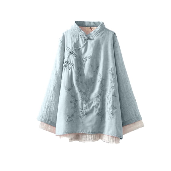 Chinese-Style Blouses for Women Frog Button Embroidery Shirts Dressy Casual Ruffle 3/4 Length Sleeve Tops V Neck Contrast Traditional Mandarin Blouse Top Trendy Summer Shirts