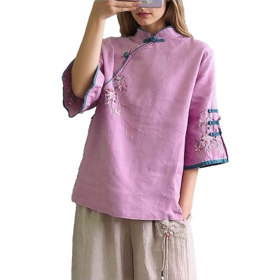 Chinese-Style Blouses for Women Frog Button Embroidery Shirts Dressy Casual Ruffle 3/4 Length Sleeve Tops V Neck Contrast Traditional Mandarin Blouse Top Trendy Summer Shirts