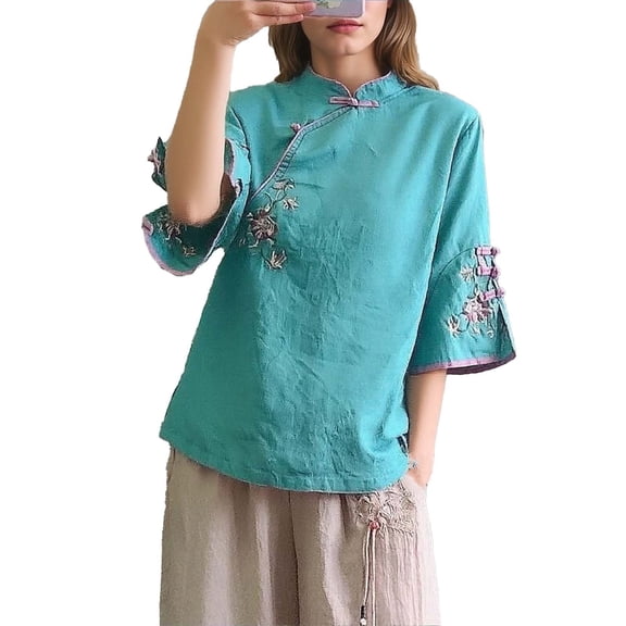 Chinese-Style Blouses for Women Frog Button Embroidery Shirts Dressy Casual Ruffle 3/4 Length Sleeve Tops V Neck Contrast Traditional Mandarin Blouse Top Trendy Summer Shirts