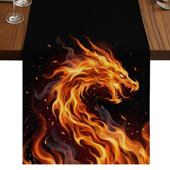 Chinese Style Burlap Cotton Table Runner 13x36 Inches Short, Fantasy Dragon Orange Gradient Fire Farmhouse Table Runners, Outdoor Dining Table Decor for Baby Shower/Party/Wedding