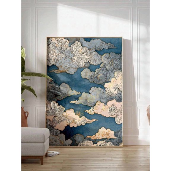 Chinese Style Cloud Pattern Blue Gold Wall Art, Traditional Oriental Cloud Canvas Print, Elegant Home Decor