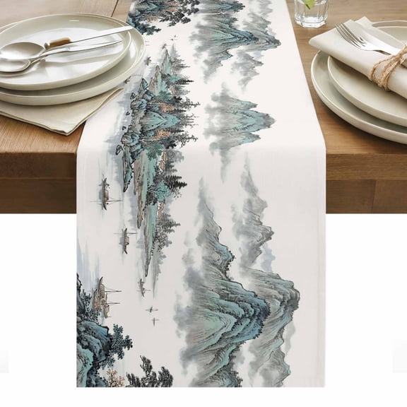 Chinese Style Cotton Linen Table Runner Traditional Ink Painting Tree Mountain Landscape Dining Table Runners for Home Decor Party Dining Room Restaurant Kitchen Party 13" x 72"