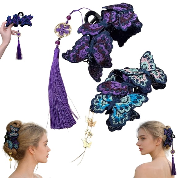 Chinese Style Embroidered Butterfly Hair Claw Clip with Tassel, Elegant Vintage Butterfly Hair Barrettes & Clips, Vintage Ethnic Hairs Accessories, for Women Everyday and Party Daily Wear
