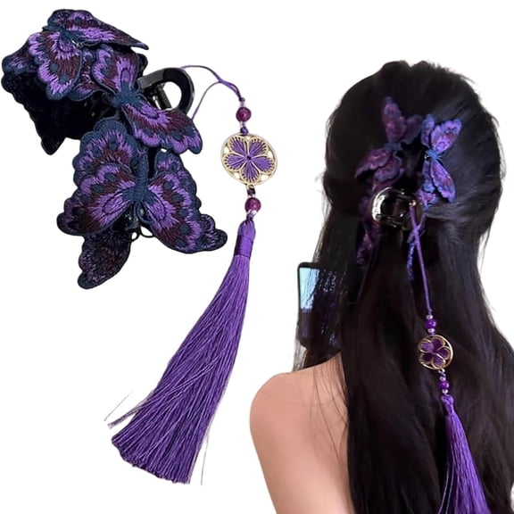 Chinese Style Embroidered Butterfly Hair Claw Clip with Tassel, Butterfly Hair Clips for Women for Everyday and Party Daily Wear