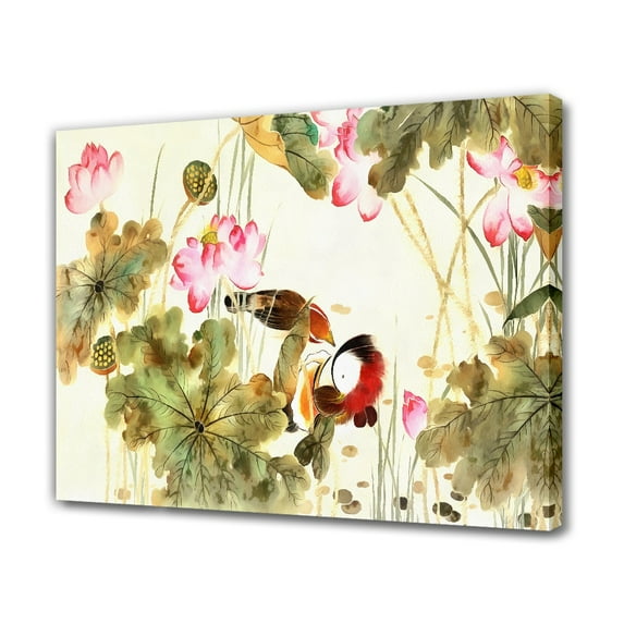 Chinese Style Flower And Bird Painting Lotus Decorative Painting Canvas Poster Bedroom Decor Sports Landscape Office Room Decor Gift,Frame-style,12x18inch(30x45cm)