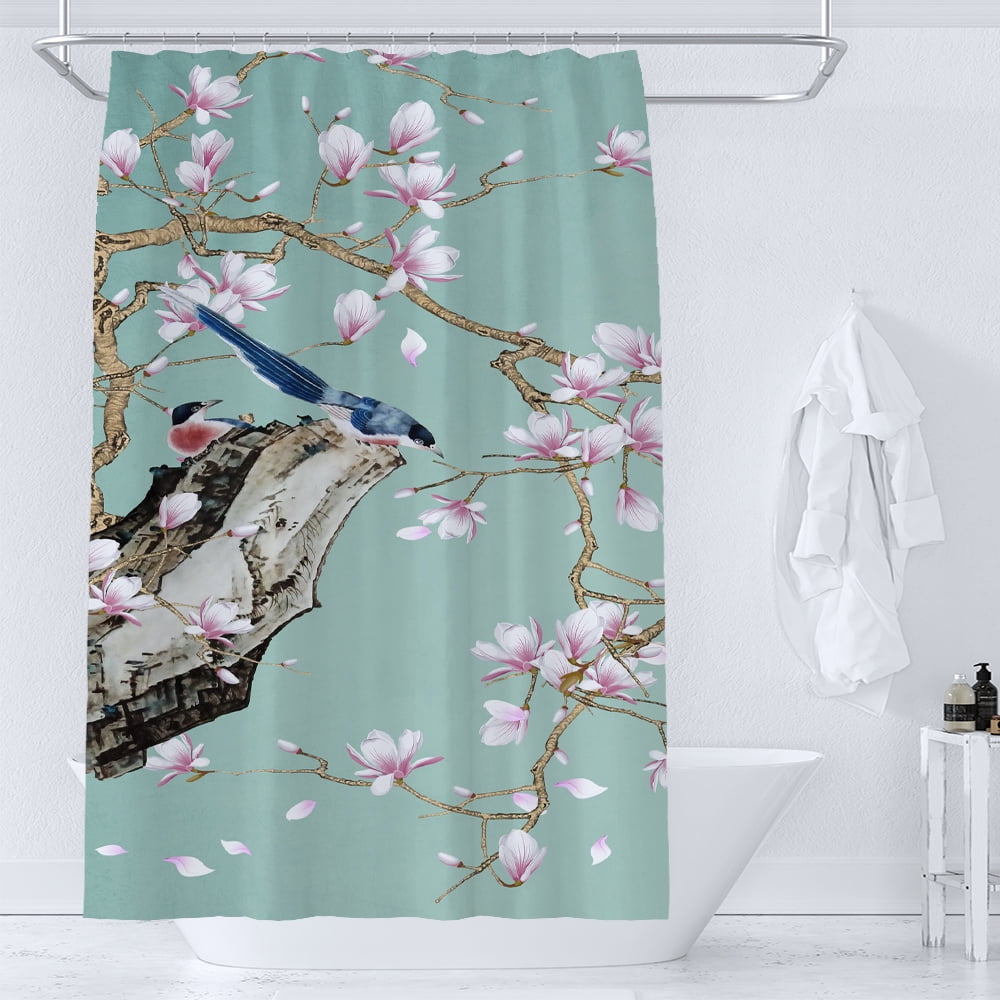 Zen Watercolor Shower Curtain - Pink Lotus Butterfly Floral Bathroom Decor 200x210cm