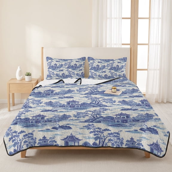 Chinese Style Garden Plant Landscape 3 Pieces Quilt Set,1 Quilt with 2 Shams,Chinoiserie Bedspread Soft Lightweight Bedding Coverlet Comforter Set for All Season 96"x106"