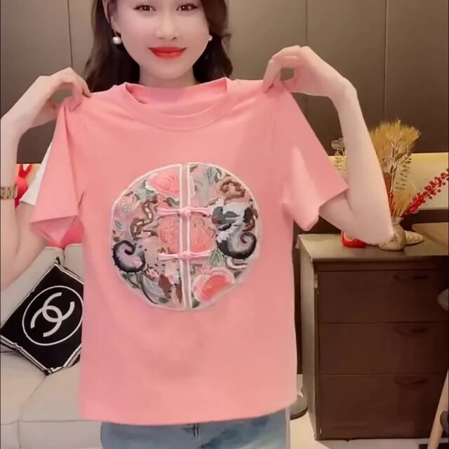 Chinese Style Geometric Crop Tops Women Tshirt Loose Short Sleeve