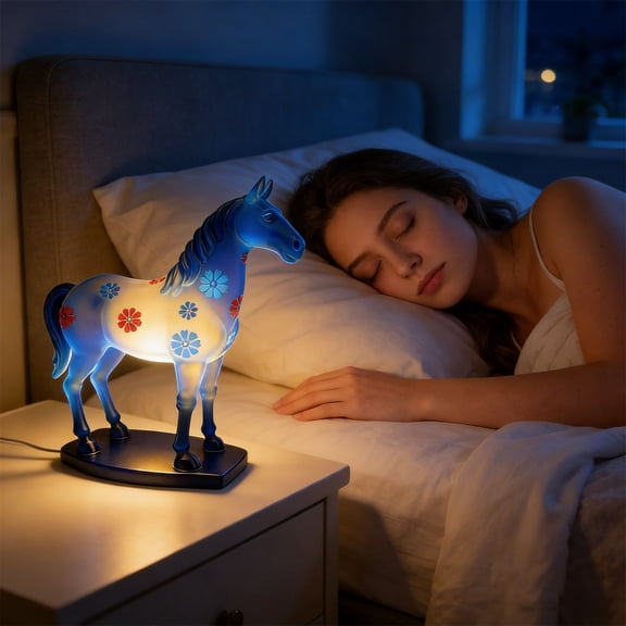 Chinese-Style Glass Horse-Shaped Creative Night Light, Suitable For Bedroom Bedside, Living Room, Or Entryway. Features A Blue Background With Colorful Floral Design, Measuring 5.39*5.91 Inches.