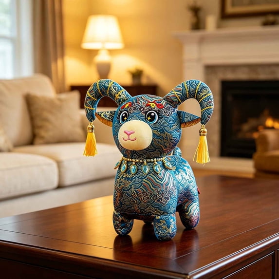 Chinese Style Goat Plush Figurine, Traditional Brocade Pattern ...