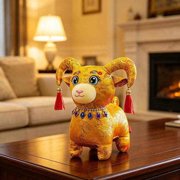 Chinese Style Goat Plush Figurine, Traditional Brocade Pattern ...