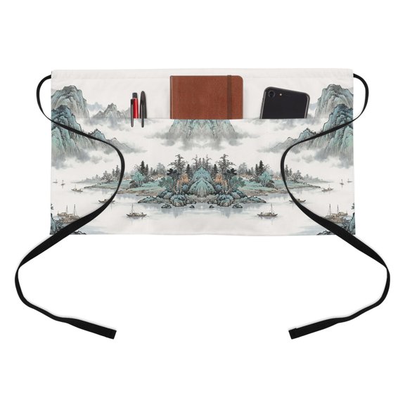 Chinese Style Half Waist Apron Traditional Ink Painting Tree Mountain Landscape Short Waiter Aprons with 3 Pockets for Women Men Kitchen Restaurant Cooking