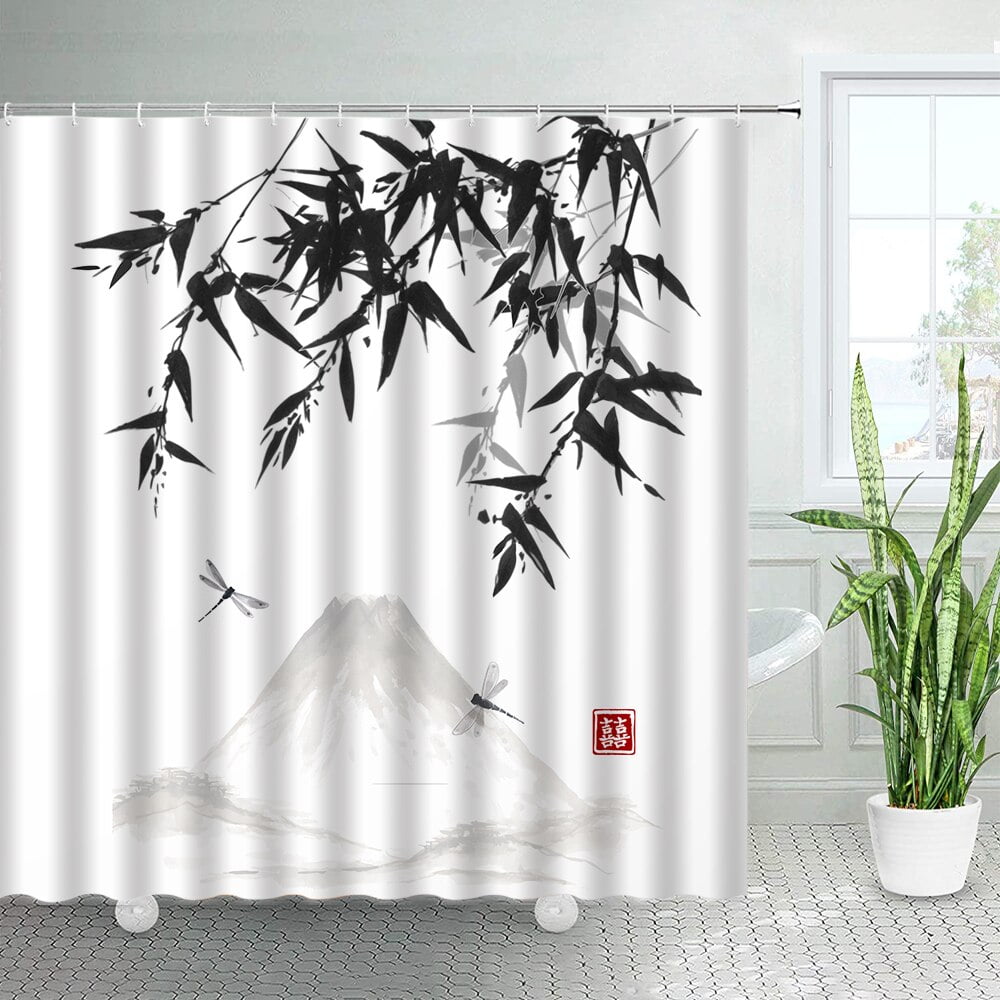 Chinese Style Ink Bamboo Shower Curtains Set Black White Plants Birds