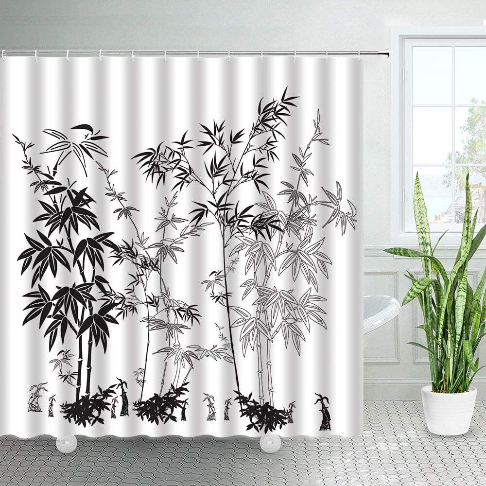 Chinese Style Ink Bamboo Shower Curtains Set Black White Plants Birds