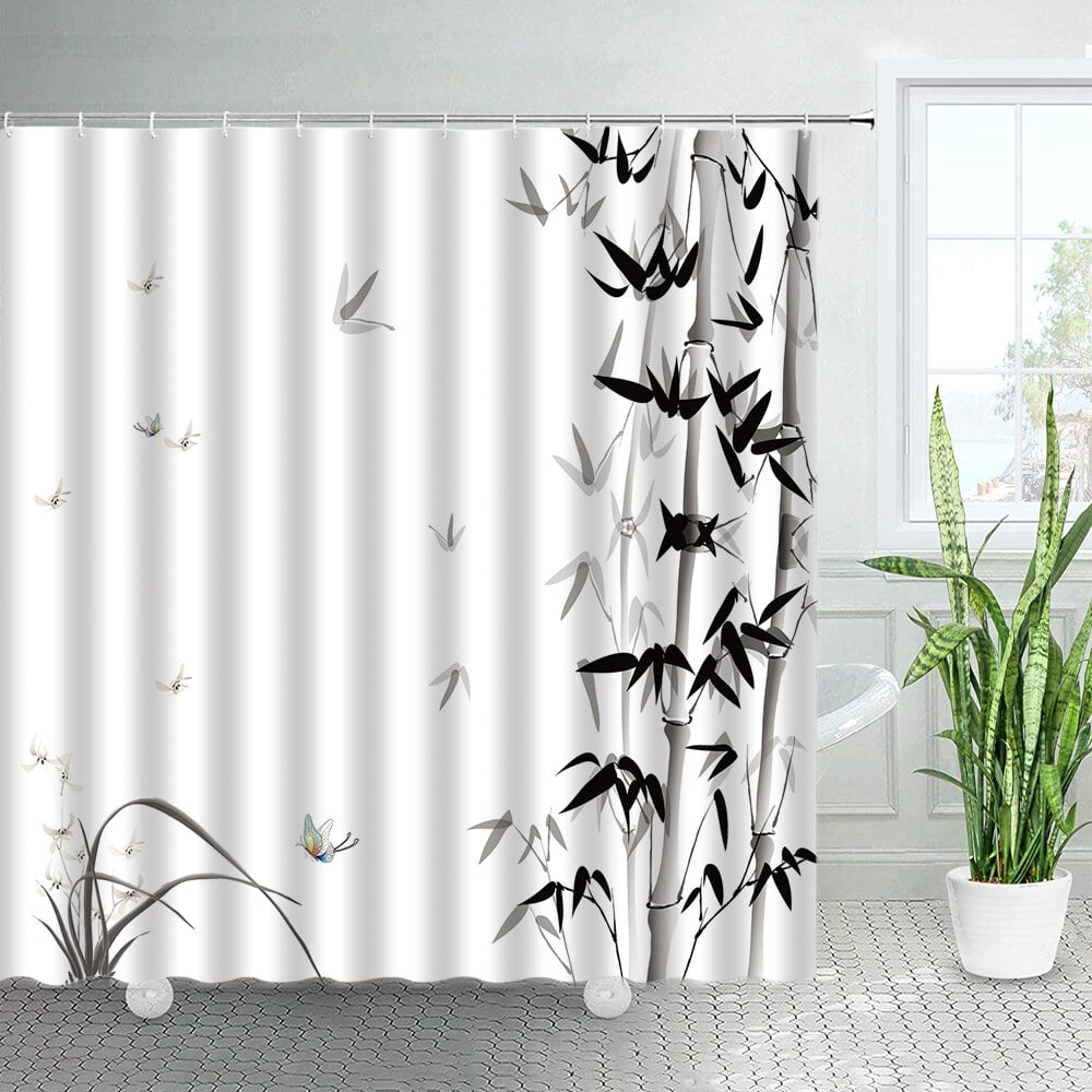 Chinese Style Ink Bamboo Shower Curtains Set Black White Plants Birds