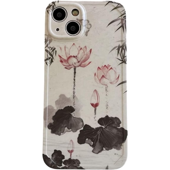 Chinese Style Ink Wash Painting Lotus Bamboo Soft Phone Case Compatible with iPhone Case (White,iPhone 15)
