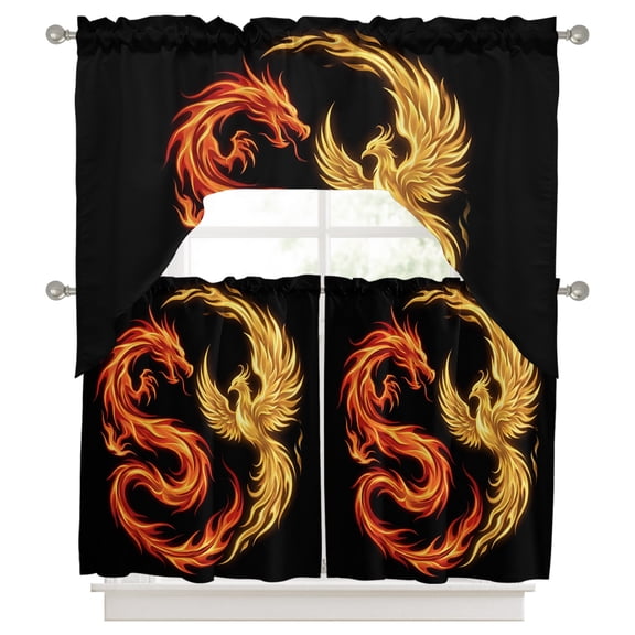 Chinese Style Kitchen Curtains Swag Valance and Tier Curtains Set 24 Inch Length, Dragon Phoenix Gradient Fire Aesthetic Rod Pocket Drape Panels Pair Swag Curtains for Bathroom/Cafe/Window